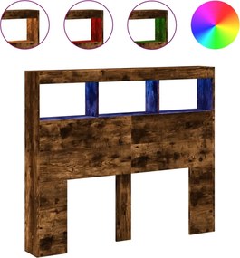 vidaXL Tăblie de pat cu dulap și LED, stejar fumuriu, 120x17x102 cm