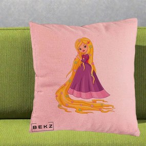 Perna Personalizata Rapunzel Par Lung Floral, 40x40 cm, Roz, Husa Detasabila, Perna Inclusa, BEKZ®
