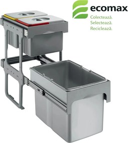 Cos gunoi incorporabil Tandem Short 40 Ecomax, colectare selectiva, gri, 1 x 34 l + 2 x 12 l Polipropilena Metal, 400 mm, L:355 mm; A:480 mm; H:600