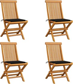 vidaXL Scaune de grădină cu perne negre, 4 buc., lemn masiv de tec