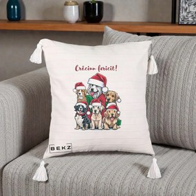 Perna Decorativa Caini cu Bonete Craciun Fericit, 40x40 cm, Bej cu Franjuri, Husa Detasabila, Perna Inclusa, BEKZ®