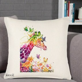 Perna Decorativa Girafa Curcubeu Acuarela, 40x40 cm, Crem Reliefat, Husa Detasabila, Perna Inclusa, BEKZ®