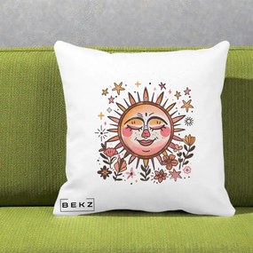 Perna Decorativa Soare Retro Boho Floral, 40x40 cm, Alba Mata, Husa Detasabila, Perna Inclusa, BEKZ®