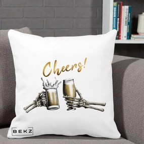 Perna Decorativa Halloween Cheers Schelete cu Bere, 40x40 cm, Alba Mata, Husa Detasabila, Perna Inclusa, BEKZ®