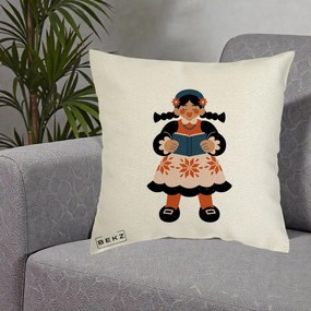 Perna Personalizata Fetita cu Carte Ilustratie Folk, 40x40 cm, Ecru, Husa Detasabila, Perna Inclusa, BEKZ®