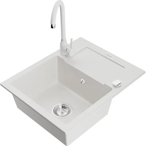 Mexen Enzo chiuvetă de granit cu un compartiment, cu picurător și baterie de bucătărie Telma, Albă - 6506-20-670200-20