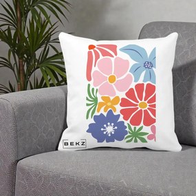 Perna Decorativa Flori Grafice Roz-Rosu-Albastru, 40x40 cm, Alba Mata, Husa Detasabila, Perna Inclusa, BEKZ®