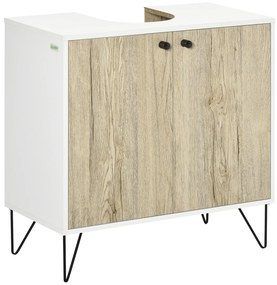 kleankin Dulap sub lavoar, mobilier de baie cu 2 uși, picioare din oțel, 60 x 30 x 60 cm, alb și lemn natural | Aosom Romania