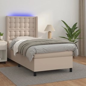 3139360 vidaXL Pat cu arcuri, cu saltea și LED cappuccino 90x190 cm, piele eco