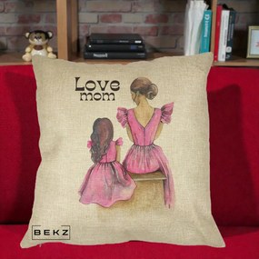 Cadou pentru Mama - Perna Personalizata Love Mom Rochii Roz, 40x40 cm, Crem, Husa Detasabila, Perna Inclusa, BEKZ®