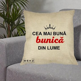 Cadou pentru Bunica - Perna Personalizata Cea Mai Buna Bunica Din Lume Coroana Neagra, 40x40 cm, Crem, Husa Detasabila, Perna Inclusa, BEKZ®