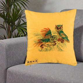 Perna Decorativa Bufnite de Iarna Albastre, 40x40 cm, Galben, Husa Detasabila, Perna Inclusa, BEKZ®