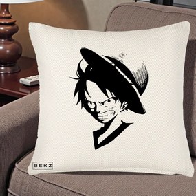 Perna Personalizata One Piece Luffy Silueta Alb-Negru, 40x40 cm, Crem Reliefat, Husa Detasabila, Perna Inclusa, BEKZ®