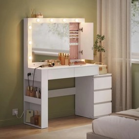 SEA803 - Set Masa toaleta 125 cm, cu dulapior Bijuterii, Priza si USB, cosmetica, machiaj, oglinda cu LED, masuta vanity - Alb