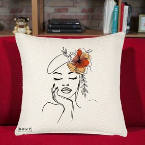 Perna Decorativa Portret Feminin Flori Palarie, 40x40 cm, Crem Reliefat, Husa Detasabila, Perna Inclusa, BEKZ®