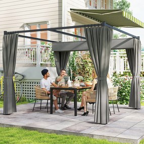 Outsunny Pergolă Retractabilă 3x3 m, Foișor de Grădină cu Perdele, pentru Grătar, Terasă, Deck, Bej | Aosom Romania