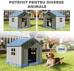 PawHut Căsuță pentru Câini din Plastic pentru Exterior, Impermeabilă, pentru Câini de Talie Medie cu Bază Ridicată, Ferestre și Acoperiș pentru Grădină, Patio, Terasă, Casă și Interior, 85x79x82 cm, Gri | Aosom Romania