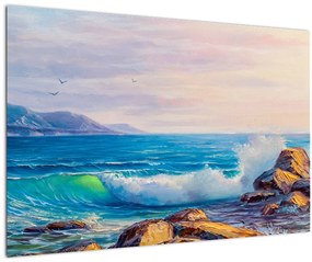 Tablou - Valuri lovind stânci, pictură în ulei (90x60 cm)