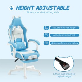 HOMCOM Scaun de gaming reclinabil cu suport pentru picioare și perne, 65x62x124 cm, alb și albastru | Aosom Romania