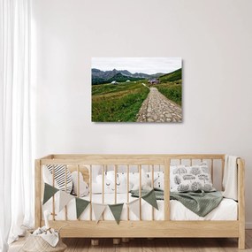 Tablou pe sticlă - Peisaj montan cu case (70x50 cm)
