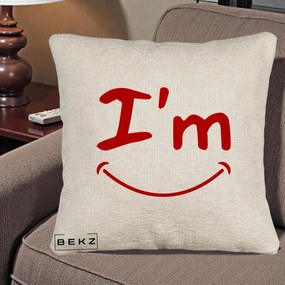 Perna Decorativa I'm Happy Smile, 40x40 cm, Bej Canapea, Husa Detasabila, Perna Inclusa, BEKZ®