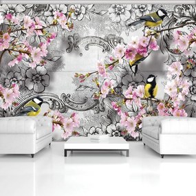 Fototapet - Pițigoi între flori (254x184 cm)