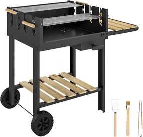 Outsunny Cărucior de grătar din lemn cu 2 grătare reglabile, grătar pe cărbuni pe roți, poliță laterală, negru | Aosom Romania