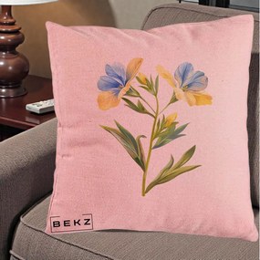 Perna Decorativa Botanica Frezie Galbena si Albastra, 40x40 cm, Roz, Husa Detasabila, Perna Inclusa, BEKZ®