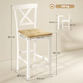 HOMCOM Set de 2 scaune de bar cu spătar și suport pentru picioare, lemn de cauciuc, pentru bucătărie, sală de mese, bar, Stejar+Alb | Aosom Romania