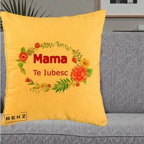 Cadou pentru Mama - Perna Personalizata Mama Te Iubesc Flori Rosii, 40x40 cm, Galben, Husa Detasabila, Perna Inclusa, BEKZ®