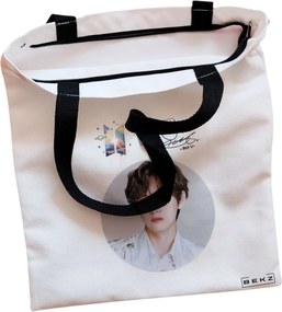 Sacosa de Panza pentru Cumparaturi, Geanta Tote, model BTS V cu semnatura, Cu fermoar, 38x34.5 cm, Alba, BEKZ®