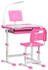 HOMCOM Banca scoala cu scaun pentru copii de 6-12 ani, inaltime reglabila, varf inclinabil la 45° si lampa LED, din otel si MDF, roz
