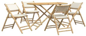 3208935 vidaXL Set de bistro pliabil, 5 piese, cu perne alb crem, bambus