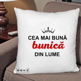 Cadou pentru Bunica - Perna Personalizata Cea Mai Buna Bunica Din Lume Coroana Neagra, 40x40 cm, Alb Pufos, Husa Detasabila, Perna Inclusa, BEKZ®