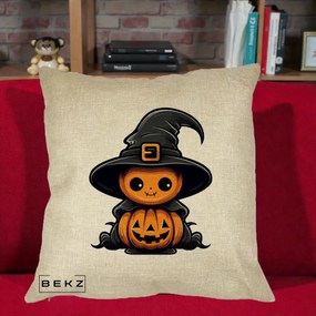 Perna Decorativa Halloween Dovleac Vrajitor Kawaii, 40x40 cm, Crem, Husa Detasabila, Perna Inclusa, BEKZ®