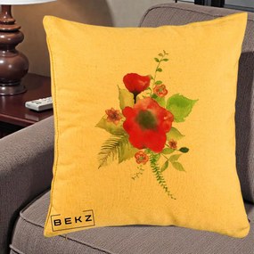 Perna Decorativa Buchet Rosu Acuarela, 40x40 cm, Galben, Husa Detasabila, Perna Inclusa, BEKZ®