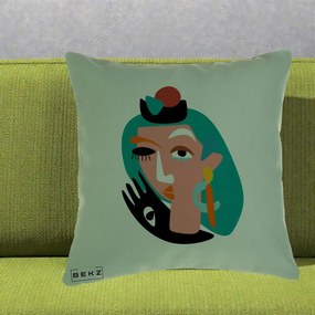 Perna Decorativa Portret Abstract Matisse Turcoaz, 40x40 cm, Verde, Husa Detasabila, Perna Inclusa, BEKZ®