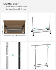 Suport pentru haine INEZ cu roți, max.90kg, 83,5x45x160cm, argintiu Jurhan