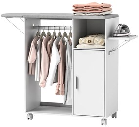 HOMCOM Dulap Multifuncțional cu Masă de Călcat | Blat din Tesatura Efect In | 3 Rafturi | Ghidaj pentru Agățat | 127x42.5x99 cm | Alb | Aosom Romania