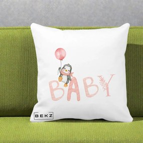 Perna Personalizata Baby Pinguin Roz, 40x40 cm, Alba Mata, Husa Detasabila, Perna Inclusa, BEKZ®
