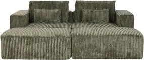 Canapea modulară 3 locuri din catifea reiată verde, cu două pufuri și perne lombare, aspect retro, 91 x 220 x 158 cm, „Montpellier”