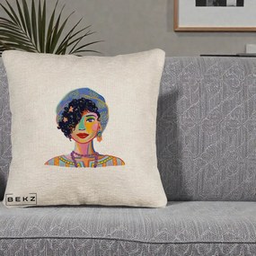 Perna Decorativa Portret Femeie Etnic Colorat, 40x40 cm, Bej Canapea, Husa Detasabila, Perna Inclusa, BEKZ®