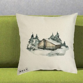 Perna Decorativa Cabana de Iarna in Padure, 40x40 cm, Ecru, Husa Detasabila, Perna Inclusa, BEKZ®