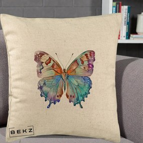 Perna Decorativa Fluture Acuarela Multicolor Portocaliu-Bleu-Mov, 40x40 cm, Bej, Husa Detasabila, Perna Inclusa, BEKZ®