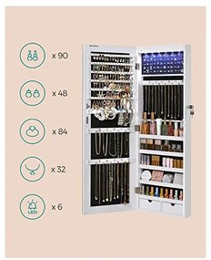 Dulap de bijuterii cu oglinda, Songmics, JJC99WT, Alb, 9,3 x 37 x 107 cm