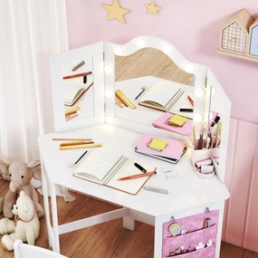 AIYAPLAY Masă de toaletă pentru copii 2 în 1 cu scaun oglindă triptică și lumini LED bicolore  93,6 x 48,5 x 111,5 cm alb | Aosom Romania
