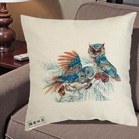 Perna Decorativa Bufnite de Iarna Albastre, 40x40 cm, Ecru, Husa Detasabila, Perna Inclusa, BEKZ®