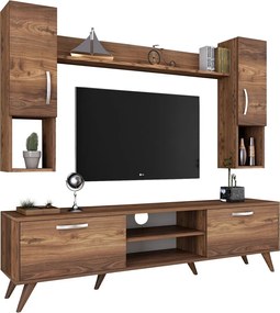 Comoda TV cu raft de perete si 2 cabinete M27 - 284, Wren, 180 x 35 x 48.6 cm/133 cm, walnut