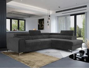 Colțar gri închis extensibil/cu spațiu de depozitare cu tapițerie din catifea (cu colț pe partea dreaptă/în formă de ”L”) Laurence – ELTAP