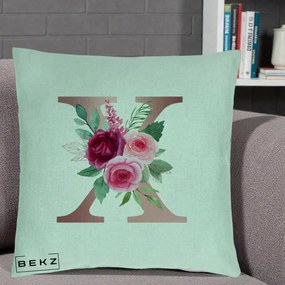 Cadou Personalizat - Perna Personalizata Monograma Rose Gold Litera X, 40x40 cm, Verde Menta, Husa Detasabila, Perna Inclusa, BEKZ®